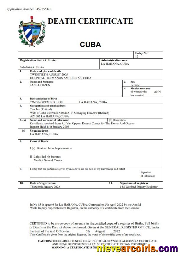 Cuba death certificate
